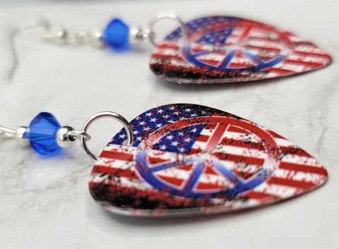 Distressed America Flag Peace Sign Guitar Pick Earrings with Blue Swarovski Crystals