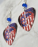 Distressed America Flag Peace Sign Guitar Pick Earrings with Blue Swarovski Crystals