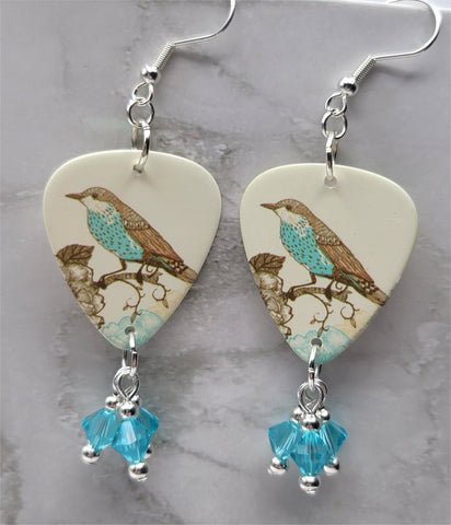 Song Bird Guitar Pick Earrings with Transparent Turquoise Swarovski Crystal Dangles