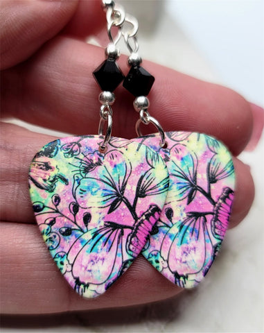 Colorful Flowered Guitar Pick Earrings with Black Swarovski Crystals