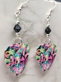 Colorful Flowered Guitar Pick Earrings with Black Swarovski Crystals