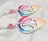 MultiColor Peace Sign Guitar Pick Earrings with Pink AB Swarovski Crystals