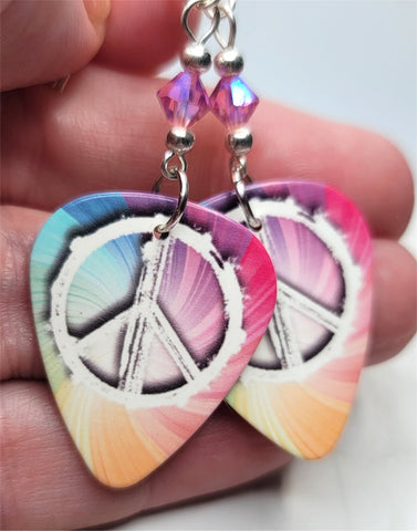 MultiColor Peace Sign Guitar Pick Earrings with Pink AB Swarovski Crystals