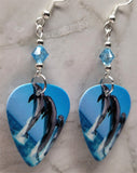 Dolphins Jumping Guitar Pick Earrings with Aqua Swarovski Crystals