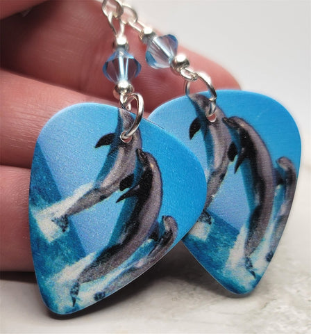 Dolphins Jumping Guitar Pick Earrings with Aqua Swarovski Crystals