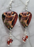 Climbing Koala Bear Guitar Pick Earrings with Indian Red Swarovski Crystal Dangles