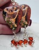 Climbing Koala Bear Guitar Pick Earrings with Indian Red Swarovski Crystal Dangles