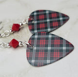 Black, Red, and White Plaid Guitar Pick with Red Swarovski Crystals