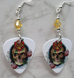 Skull and Roses Guitar Pick Earrings with Pale Yellow Swarovski Crystals