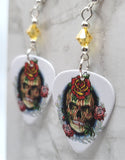 Skull and Roses Guitar Pick Earrings with Pale Yellow Swarovski Crystals