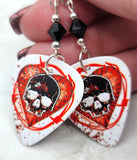 Skull and Heart with Barbed Wire Guitar Pick Earrings with Black Swarovski Crystals