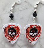 Skull and Heart with Barbed Wire Guitar Pick Earrings with Black Swarovski Crystals