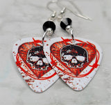 Skull and Heart with Barbed Wire Guitar Pick Earrings with Black Swarovski Crystals