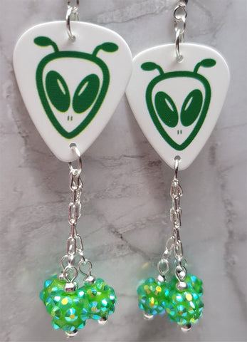 Green Alien Guitar Pick Earrings with Green Rhinestone Bead Dangles