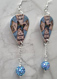 Cross and Butterfly With God All Things Are Possible Guitar Pick Earrings with Blue Pave Bead Dangles