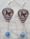 Cross and Butterfly With God All Things Are Possible Guitar Pick Earrings with Blue Pave Bead Dangles