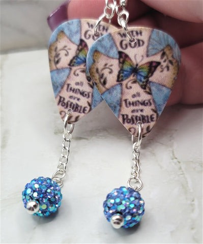 Cross and Butterfly With God All Things Are Possible Guitar Pick Earrings with Blue Pave Bead Dangles