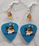 Calico Cat Guitar Pick Earrings with Topaz Swarovski Crystals