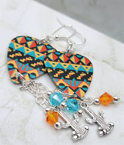 Southwestern Patterned Guitar Pick Earrings with Cactus Charm and Swarovski Crystal Dangles