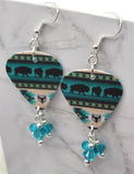 Teal and Black Southwestern Buffalo Patterned Guitar Pick Earrings with Swarovski Crystal Dangles