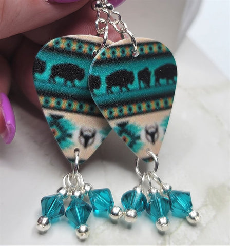Teal and Black Southwestern Buffalo Patterned Guitar Pick Earrings with Swarovski Crystal Dangles