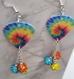 Bright and Colorful Tie Dye Guitar Pick Earrings with Pave Bead Dangles