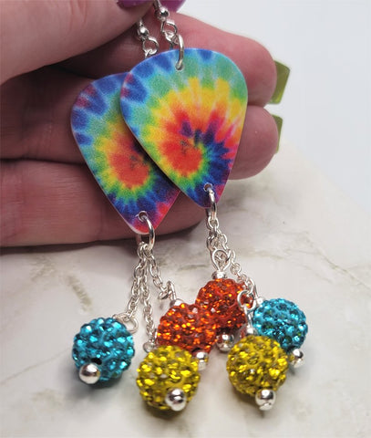 Bright and Colorful Tie Dye Guitar Pick Earrings with Pave Bead Dangles
