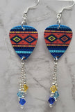 Blue and Orange Southwestern Patterned Guitar Pick Earrings with Swarovski Crystal Dangles