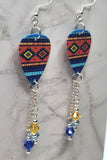 Blue and Orange Southwestern Patterned Guitar Pick Earrings with Swarovski Crystal Dangles