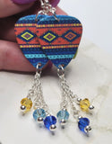 Blue and Orange Southwestern Patterned Guitar Pick Earrings with Swarovski Crystal Dangles