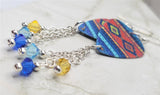 Blue and Orange Southwestern Patterned Guitar Pick Earrings with Swarovski Crystal Dangles