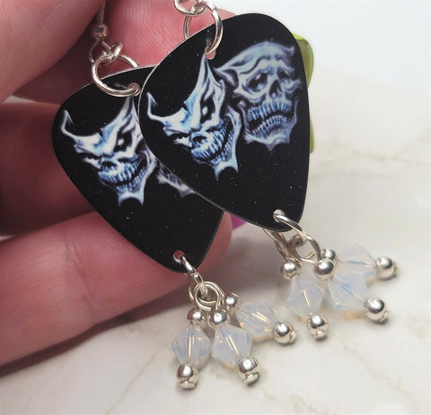 Skull Theater Mask Guitar Pick Earrings with Opal Swarovski Crystal Dangles