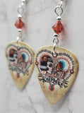 Sugar Skull Pair in a Heart Guitar Pick Earrings with Indian Red Swarovski Crystals
