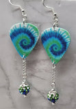 Green and Blue Swirl Tie Dye Guitar Pick Earrings with TriColor Pave Bead Dangles