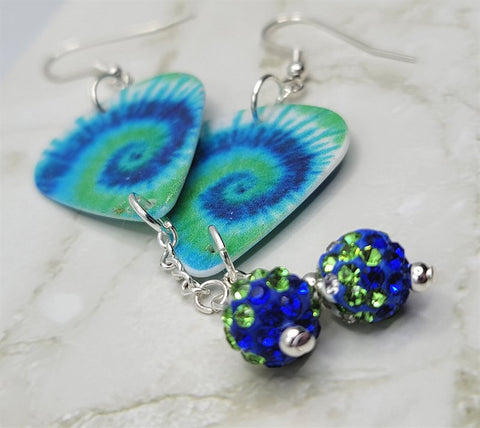 Green and Blue Swirl Tie Dye Guitar Pick Earrings with TriColor Pave Bead Dangles
