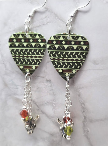 Green Southwestern Patterned Guitar Pick Earrings with Animal Skull Charm and Swarovski Crystal Dangles