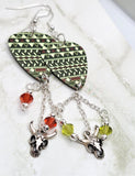 Green Southwestern Patterned Guitar Pick Earrings with Animal Skull Charm and Swarovski Crystal Dangles