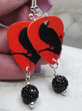 Raven on a Red Background Guitar Pick Earrings with Black Pave Bead Dangles
