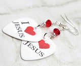 I Love Jesus White Guitar Pick Earrings with Red Swarovski Crystals