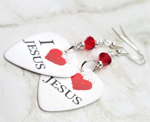 I Love Jesus White Guitar Pick Earrings with Red Swarovski Crystals