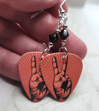 Peace Sign Fingers Guitar Pick Earrings with Black Swarovski Crystals