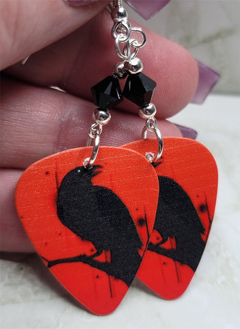 Raven on a Red Background Guitar Pick Earrings with Black Swarovski Crystals