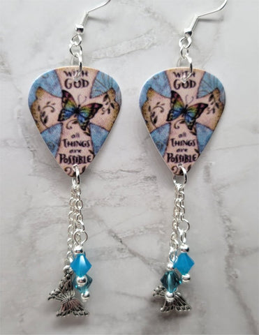 Cross and Butterfly With God All Things Are Possible Guitar Pick Earrings with Butterfly Charm and Swarovski Crystal Dangles