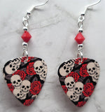 Skulls and Roses Guitar Pick Earrings with Red Swarovski Crystals