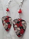 Skulls and Roses Guitar Pick Earrings with Red Swarovski Crystals