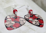 Skulls and Roses Guitar Pick Earrings with Red Swarovski Crystals