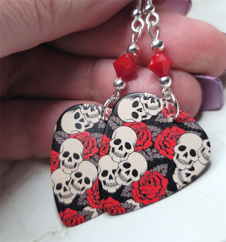 Skulls and Roses Guitar Pick Earrings with Red Swarovski Crystals