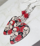 Skulls and Roses Guitar Pick Earrings with Red Swarovski Crystals