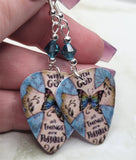 Cross and Butterfly With God All Things Are Possible Guitar Pick Earrings with Blue Swarovski Crystals