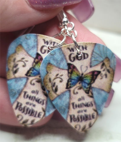 Cross and Butterfly With God All Things Are Possible Guitar Pick Earrings